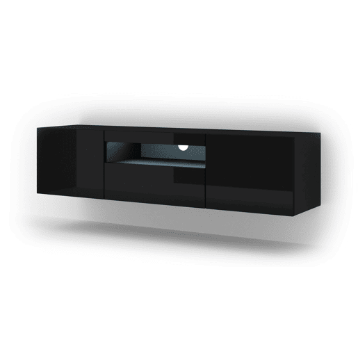 A mesa de TV AURA apresenta-se num estilo moderno. Mede 42x150x37 cm e inclui 4 prateleiras e 3 portas.