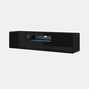 A mesa de TV AURA apresenta-se num estilo moderno. Mede 42x150x37 cm e inclui 4 prateleiras e 3 portas.
