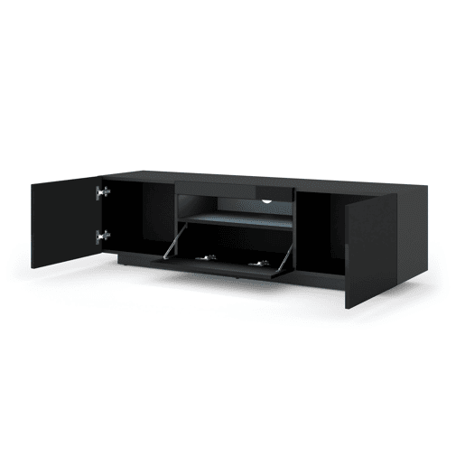 A mesa de TV AURA apresenta-se num estilo moderno. Mede 42x150x37 cm e inclui 4 prateleiras e 3 portas.