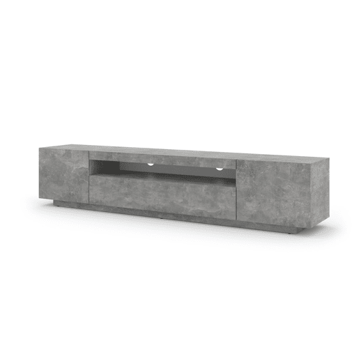 A mesa de TV AURA estilo moderno. Mede 42x200x37 cm e inclui 4 prateleiras e 3 portas.