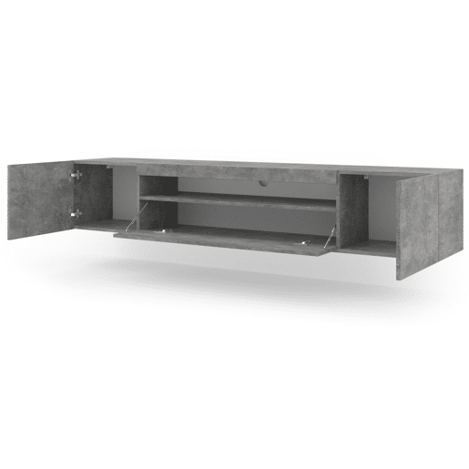 A mesa de TV AURA estilo moderno. Mede 42x200x37 cm e inclui 4 prateleiras e 3 portas.