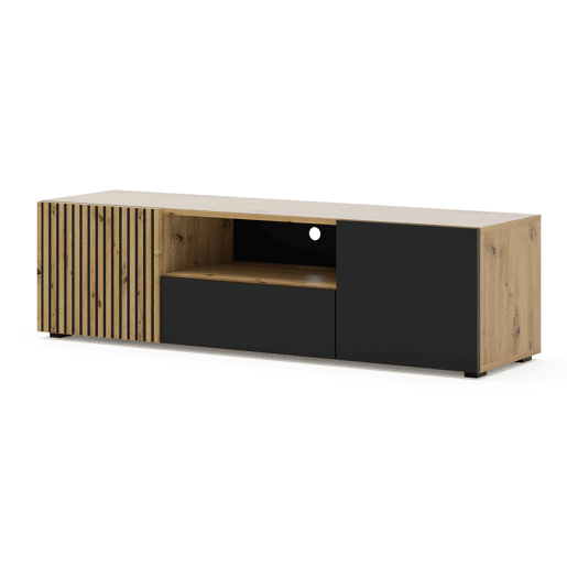 A mesa de TV AURIS tem uma cor preta clara, em carvalho, num estilo moderno. Mede 42x150x42 cm e inclui 4 prateleiras e 3 portas.