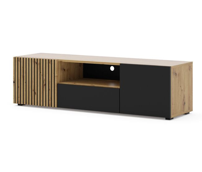 El soporte de tv auris es de color roble claro, negro y de estilo moderno. mide 42x150x42 cm e incluye 4 estantes y 3 puertas.