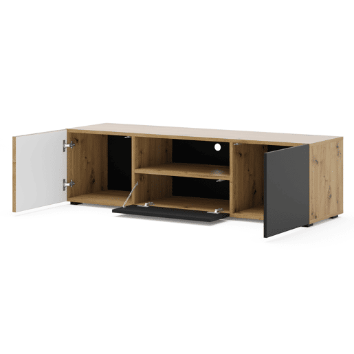 A mesa de TV AURIS tem uma cor preta clara, em carvalho, num estilo moderno. Mede 42x150x42 cm e inclui 4 prateleiras e 3 portas.