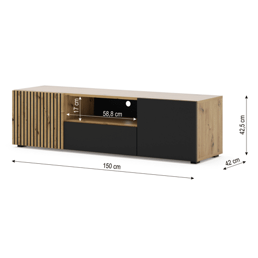 A mesa de TV AURIS tem uma cor preta clara, em carvalho, num estilo moderno. Mede 42x150x42 cm e inclui 4 prateleiras e 3 portas.