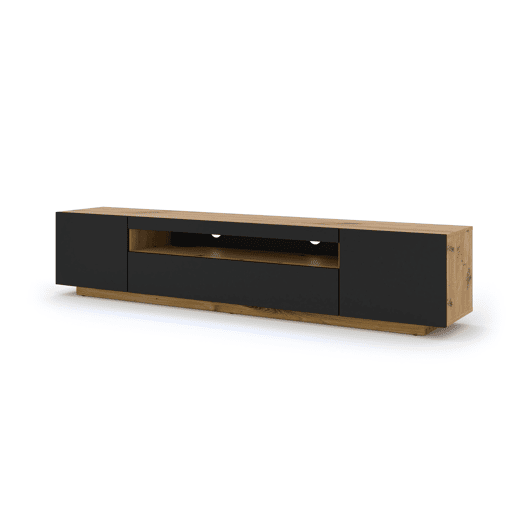 A mesa de TV AURA estilo moderno. Mede 42x200x37 cm e inclui 4 prateleiras e 3 portas.