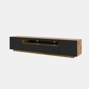A mesa de TV AURA estilo moderno. Mede 42x200x37 cm e inclui 4 prateleiras e 3 portas.