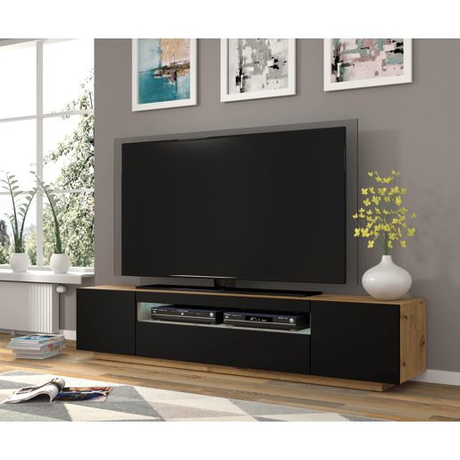 A mesa de TV AURA estilo moderno. Mede 42x200x37 cm e inclui 4 prateleiras e 3 portas.