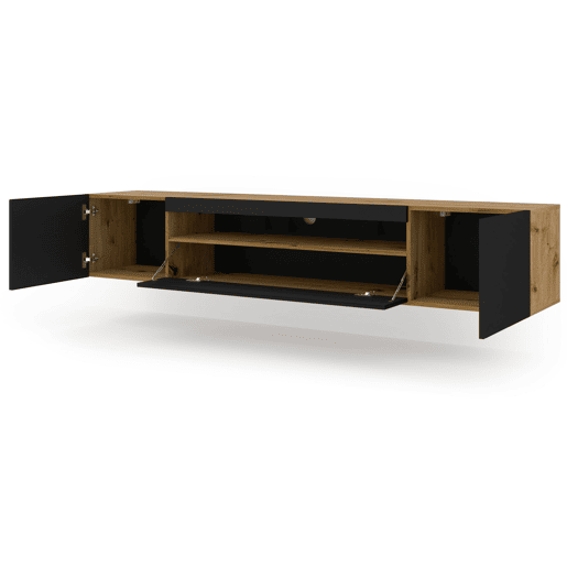 A mesa de TV AURA estilo moderno. Mede 42x200x37 cm e inclui 4 prateleiras e 3 portas.