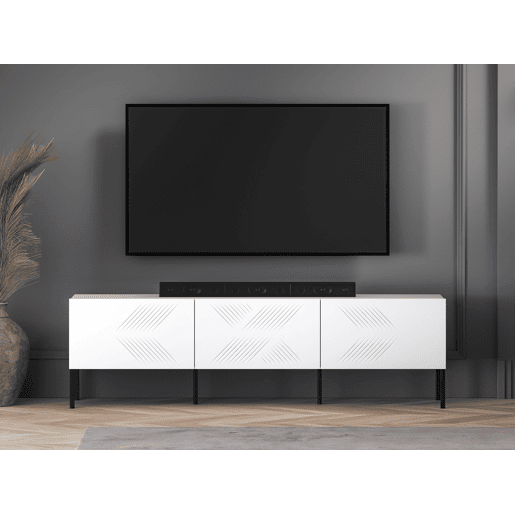 A mesa de TV CLEARING em branco é feita de madeira de engenharia e apresenta um design moderno.