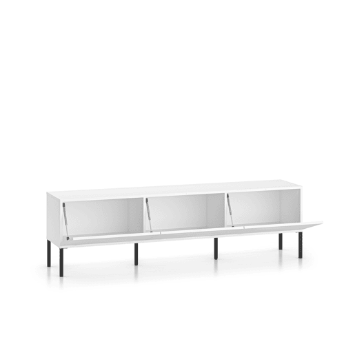 A mesa de TV CLEARING em branco é feita de madeira de engenharia e apresenta um design moderno.