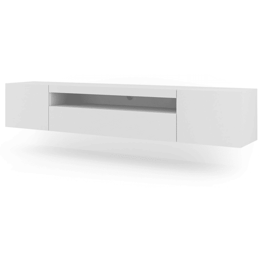 A mesa de TV AURA estilo moderno. Mede 42x200x37 cm e inclui 4 prateleiras e 3 portas.