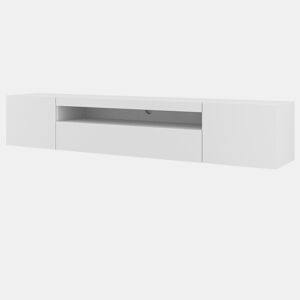 A mesa de TV AURA estilo moderno. Mede 42x200x37 cm e inclui 4 prateleiras e 3 portas.