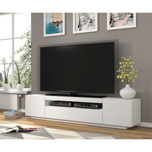 A mesa de TV AURA estilo moderno. Mede 42x200x37 cm e inclui 4 prateleiras e 3 portas.