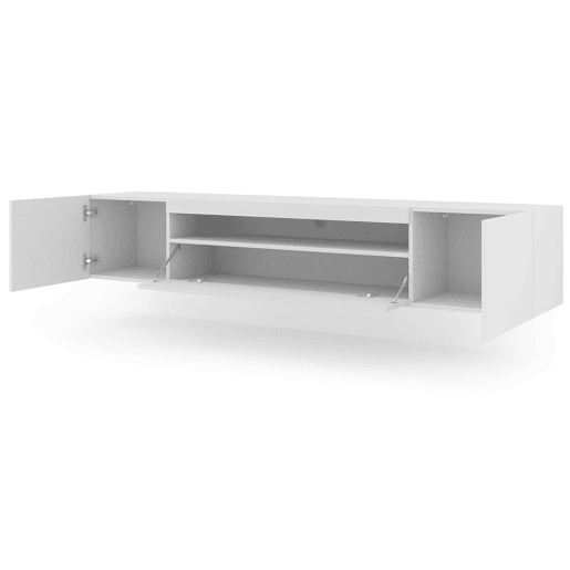 A mesa de TV AURA estilo moderno. Mede 42x200x37 cm e inclui 4 prateleiras e 3 portas.