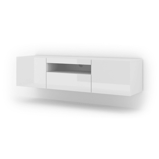 A mesa de TV AURA apresenta-se num estilo moderno. Mede 42x150x37 cm e inclui 4 prateleiras e 3 portas.