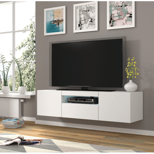 A mesa de TV AURA apresenta-se num estilo moderno. Mede 42x150x37 cm e inclui 4 prateleiras e 3 portas.