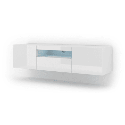 A mesa de TV AURA apresenta-se num estilo moderno. Mede 42x150x37 cm e inclui 4 prateleiras e 3 portas.