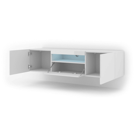 A mesa de TV AURA apresenta-se num estilo moderno. Mede 42x150x37 cm e inclui 4 prateleiras e 3 portas.