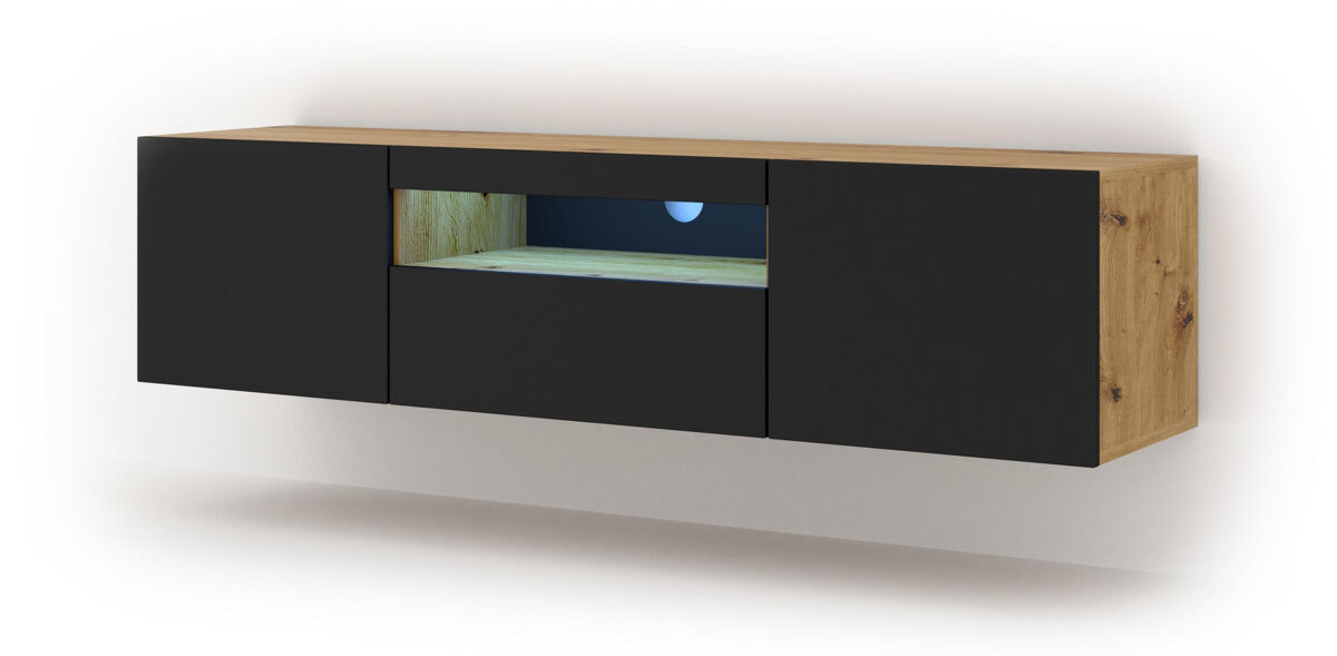 El soporte de tv aura con un estilo moderno. mide 42x150x37 cm e incluye 4 estantes y 3 puertas.