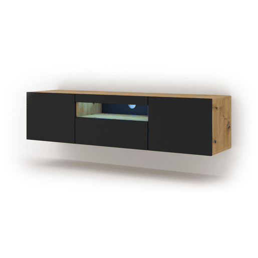 A mesa de TV AURA apresenta-se num estilo moderno. Mede 42x150x37 cm e inclui 4 prateleiras e 3 portas.