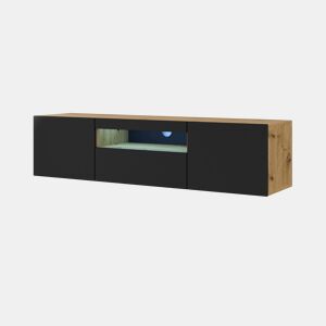 A mesa de TV AURA apresenta-se num estilo moderno. Mede 42x150x37 cm e inclui 4 prateleiras e 3 portas.