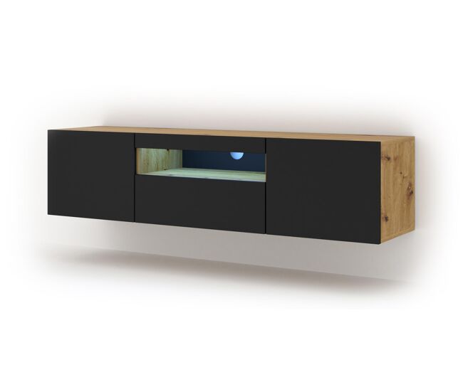 El soporte de tv aura con un estilo moderno. mide 42x150x37 cm e incluye 4 estantes y 3 puertas.