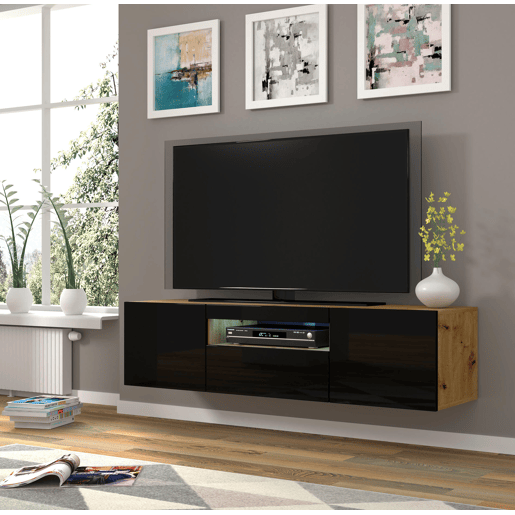 A mesa de TV AURA apresenta-se num estilo moderno. Mede 42x150x37 cm e inclui 4 prateleiras e 3 portas.