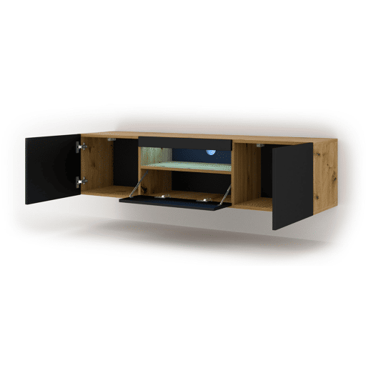 A mesa de TV AURA apresenta-se num estilo moderno. Mede 42x150x37 cm e inclui 4 prateleiras e 3 portas.