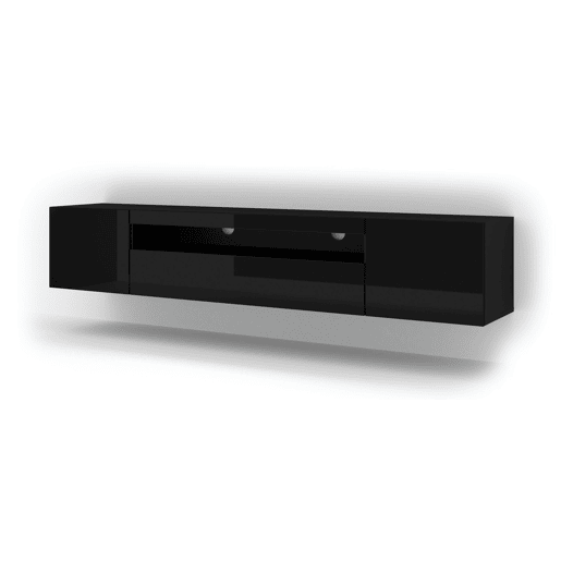 A mesa de TV AURA estilo moderno. Mede 42x200x37 cm e inclui 4 prateleiras e 3 portas.