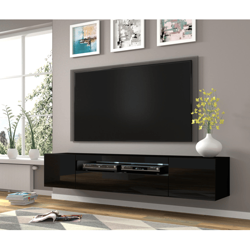 A mesa de TV AURA estilo moderno. Mede 42x200x37 cm e inclui 4 prateleiras e 3 portas.