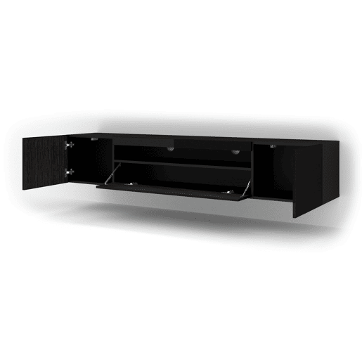 A mesa de TV AURA estilo moderno. Mede 42x200x37 cm e inclui 4 prateleiras e 3 portas.