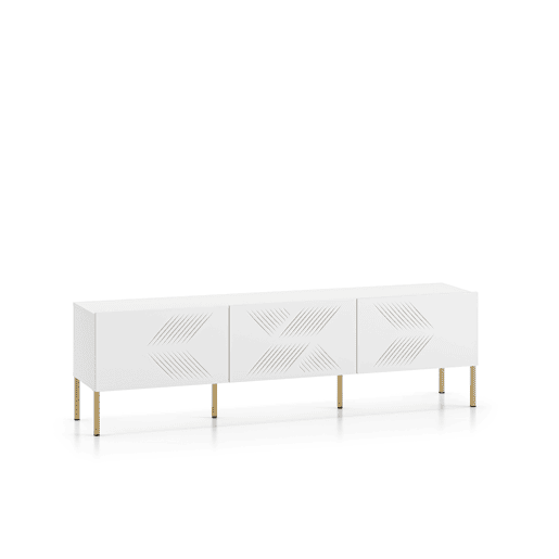 A mesa de TV CLEARING em branco é feita de madeira de engenharia e apresenta um design moderno.