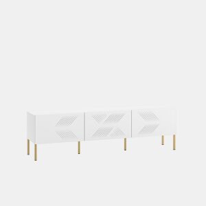A mesa de TV CLEARING em branco é feita de madeira de engenharia e apresenta um design moderno.