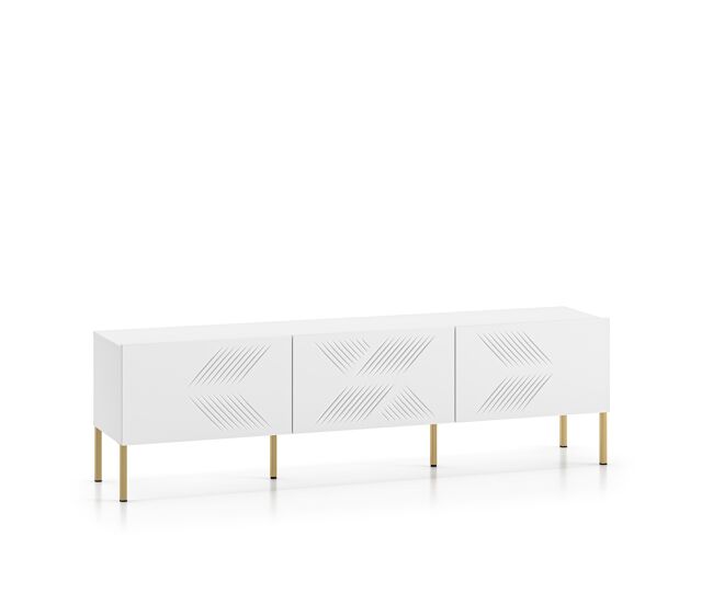 El soporte de tv clearing en blanco, es de parquet y presenta un diseño moderno.