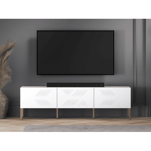 A mesa de TV CLEARING em branco é feita de madeira de engenharia e apresenta um design moderno.