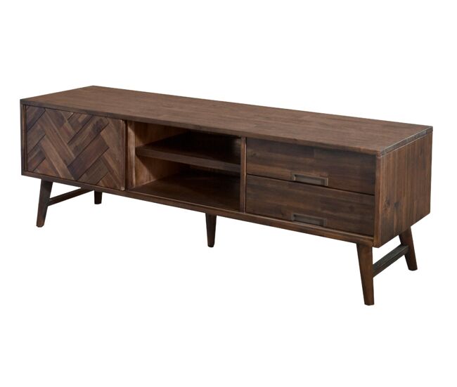 Mueble TV ASHTON, de color marrón, estilo retro, medidas 55x165x45 cm, con 1 puerta y 2 cajones y 1 balda