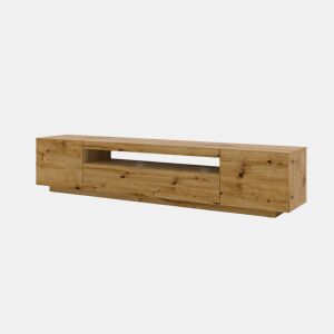 A mesa de TV AURA estilo moderno. Mede 42x200x37 cm e inclui 4 prateleiras e 3 portas.