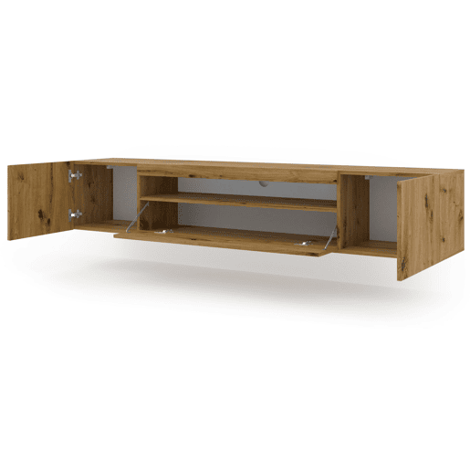 A mesa de TV AURA estilo moderno. Mede 42x200x37 cm e inclui 4 prateleiras e 3 portas.