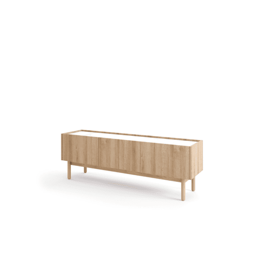 A mesa de TV BOHO apresenta uma cor bege e branca num estilo boho. Mede 48x144x37 cm e inclui 3 prateleiras e 3 portas.