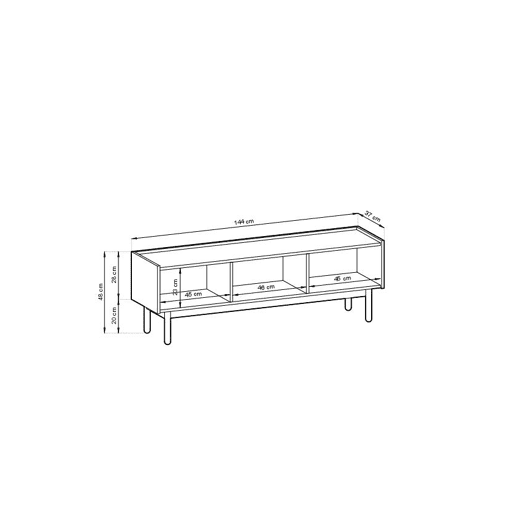 A mesa de TV BOHO apresenta uma cor bege e branca num estilo boho. Mede 48x144x37 cm e inclui 3 prateleiras e 3 portas.