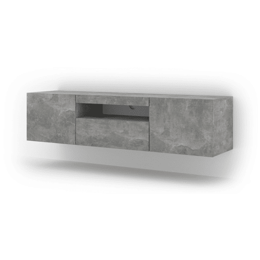 A mesa de TV AURA apresenta-se num estilo moderno. Mede 42x150x37 cm e inclui 4 prateleiras e 3 portas.