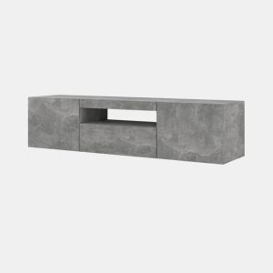 A mesa de TV AURA apresenta-se num estilo moderno. Mede 42x150x37 cm e inclui 4 prateleiras e 3 portas.