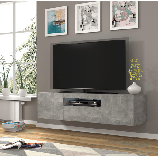 A mesa de TV AURA apresenta-se num estilo moderno. Mede 42x150x37 cm e inclui 4 prateleiras e 3 portas.