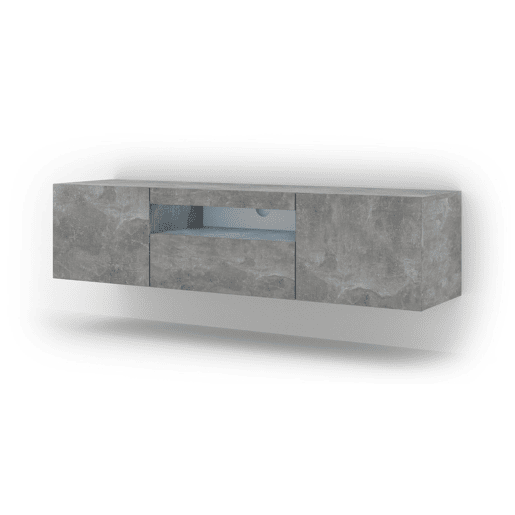A mesa de TV AURA apresenta-se num estilo moderno. Mede 42x150x37 cm e inclui 4 prateleiras e 3 portas.