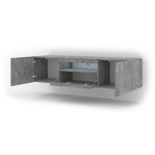 A mesa de TV AURA apresenta-se num estilo moderno. Mede 42x150x37 cm e inclui 4 prateleiras e 3 portas.