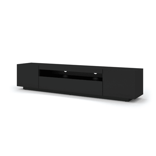 A mesa de TV AURA estilo moderno. Mede 42x200x37 cm e inclui 4 prateleiras e 3 portas.