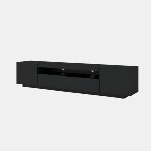 A mesa de TV AURA estilo moderno. Mede 42x200x37 cm e inclui 4 prateleiras e 3 portas.