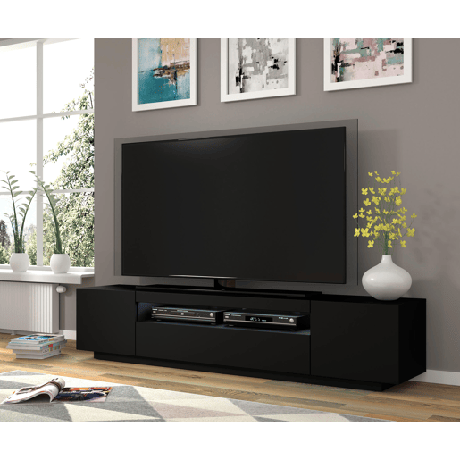 A mesa de TV AURA estilo moderno. Mede 42x200x37 cm e inclui 4 prateleiras e 3 portas.
