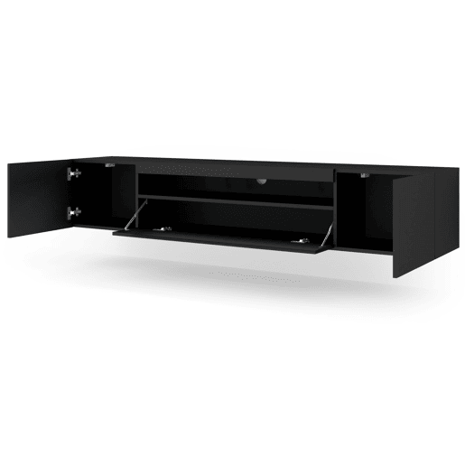 A mesa de TV AURA estilo moderno. Mede 42x200x37 cm e inclui 4 prateleiras e 3 portas.